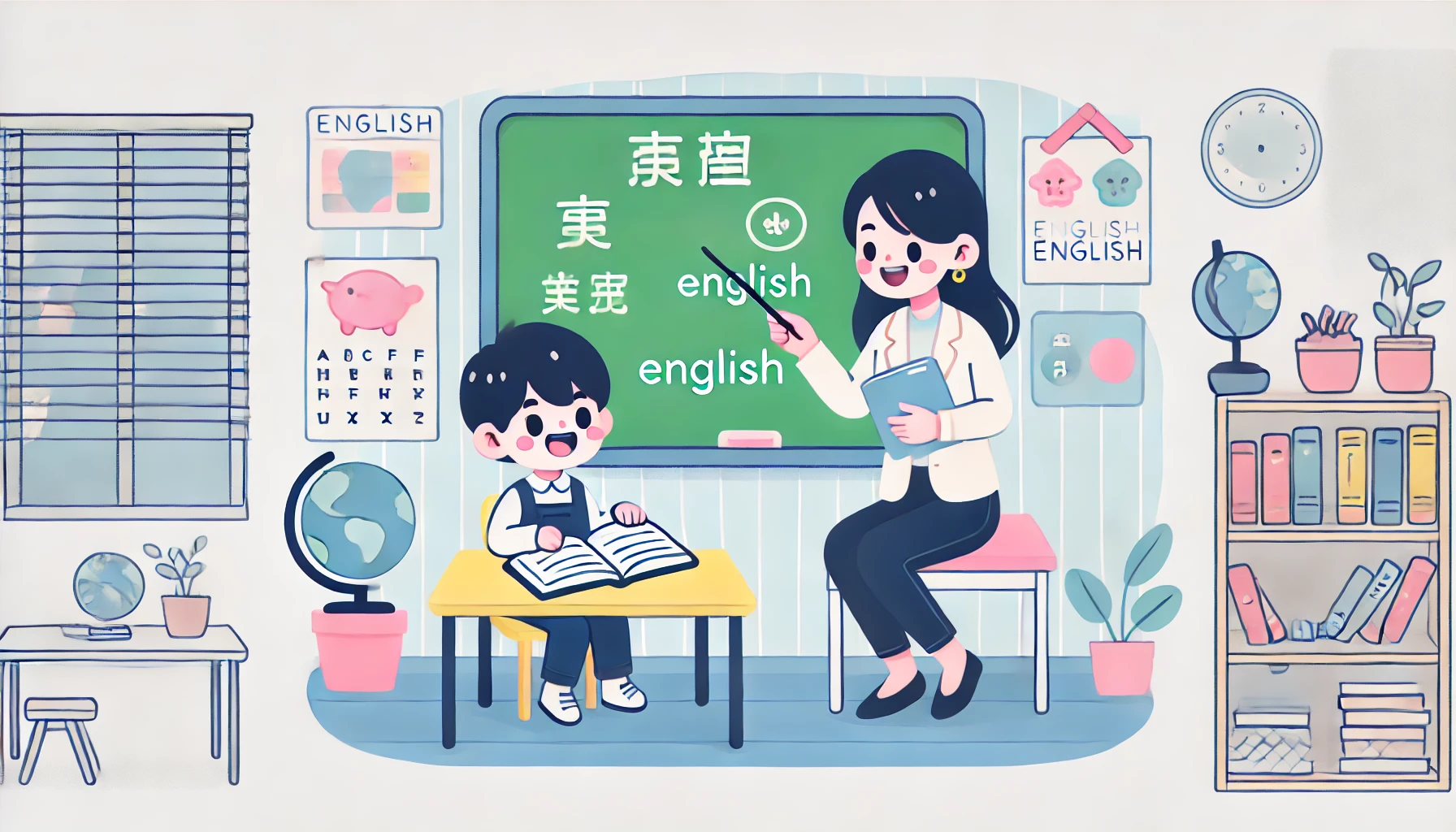 DALL·E 2024-10-18 12.20.14 - A flat illustration style (2D) showing a young Chinese child, around 6 years old, learning English with a teacher. The child is sitting at a desk.jpg