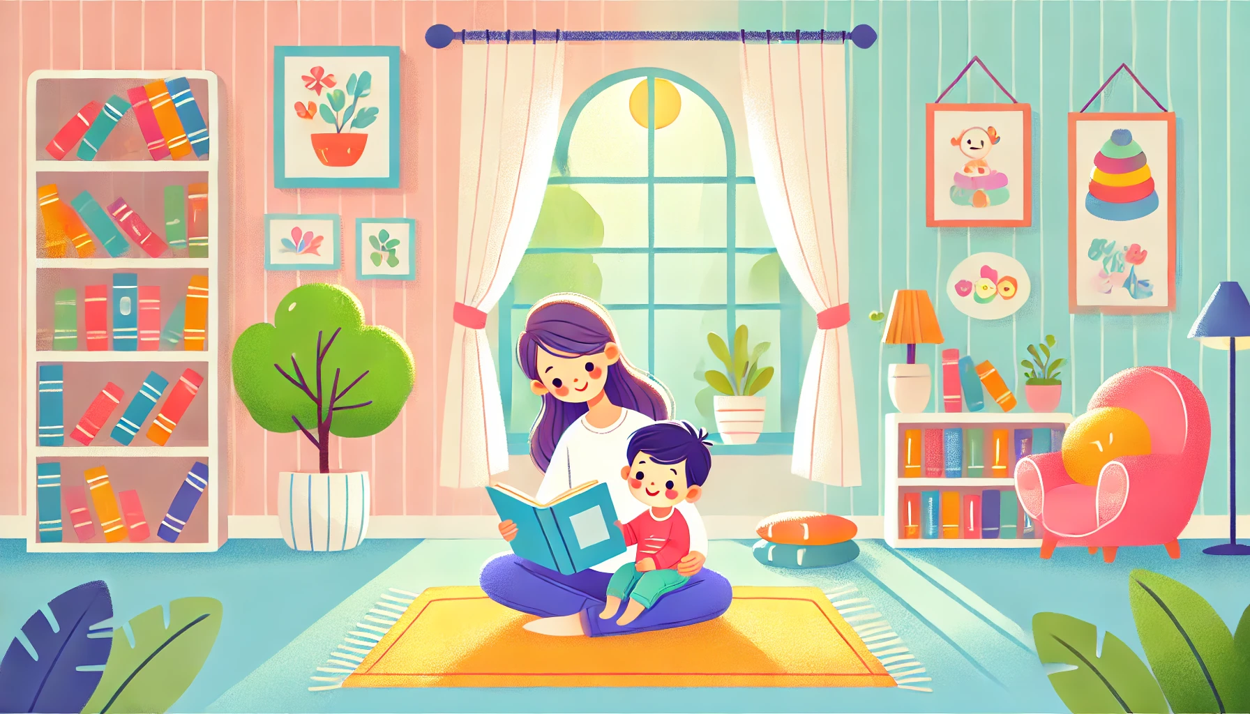 DALL·E 2024-10-17 16.41.28 - A bright and cozy scene of a parent and child reading together in a colorful living room. The child, around 4 years old, is sitting on the parent's la.jpg