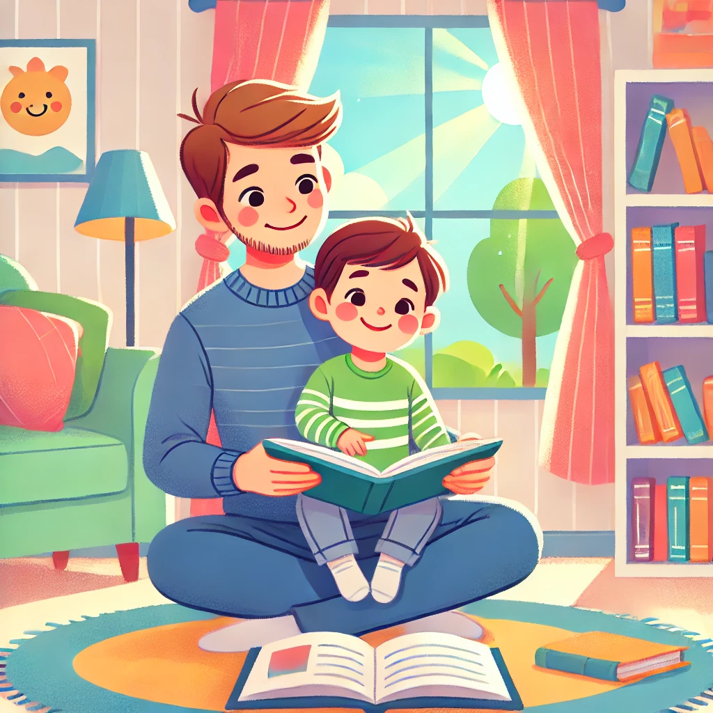 DALL·E 2024-10-17 16.42.03 - A bright and cozy scene of a parent and child reading together in a colorful living room. The child, around 4 years old, is sitting on the parent's la.jpg