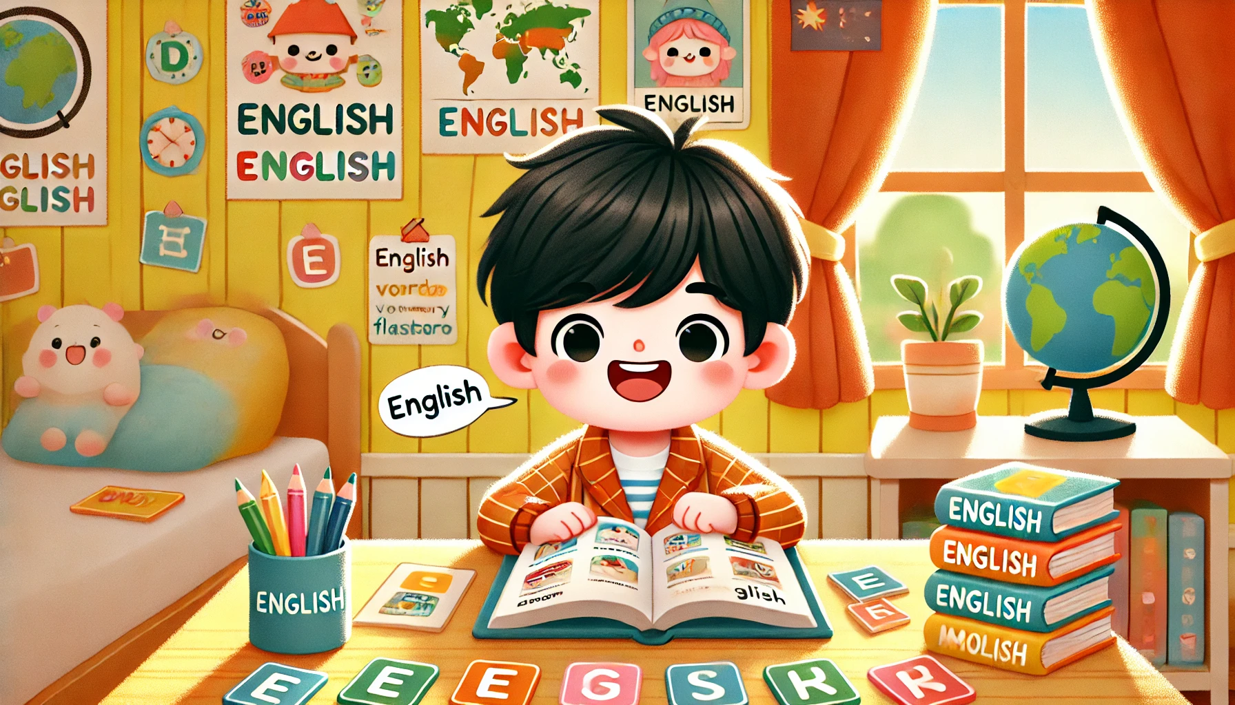 DALL·E 2024-10-18 12.24.31 - A bright and cute 2D cartoon scene showing a young Chinese child, around 6 years old, happily learning English. The child is sitting at a desk with an.jpg