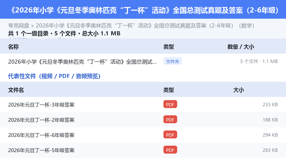 2026年小学《元旦冬季奥林匹克“丁一杯”活动》全国总测试真题及答案(2-6年级)(数学) 网盘目录结构