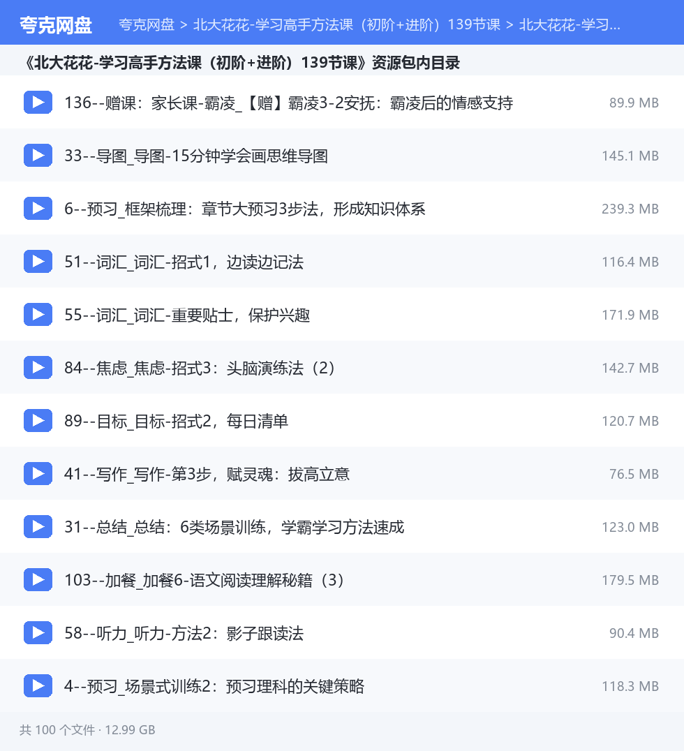 北大花花-学习高手方法课（初阶+进阶）139节课 资源文件清单