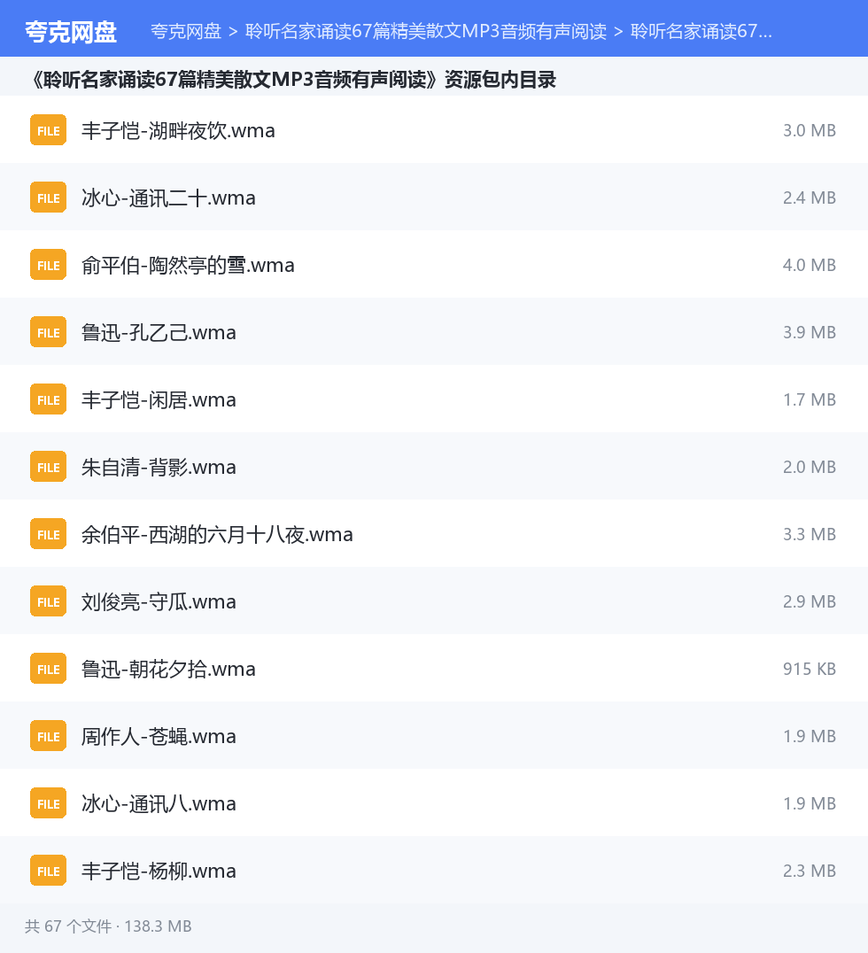 聆听名家诵读67篇精美散文MP3音频有声阅读 资源文件清单