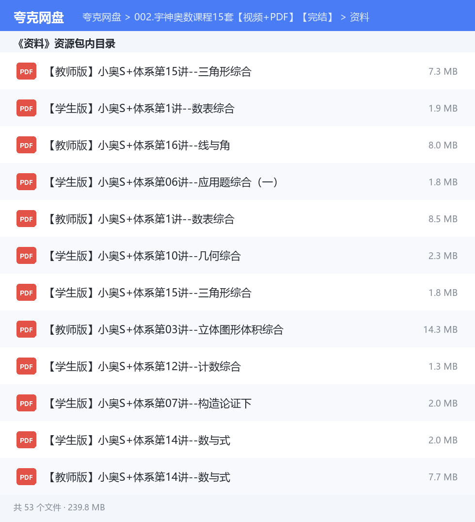 002.宇神奥数课程15套【视频+PDF】【完结】 资源文件清单