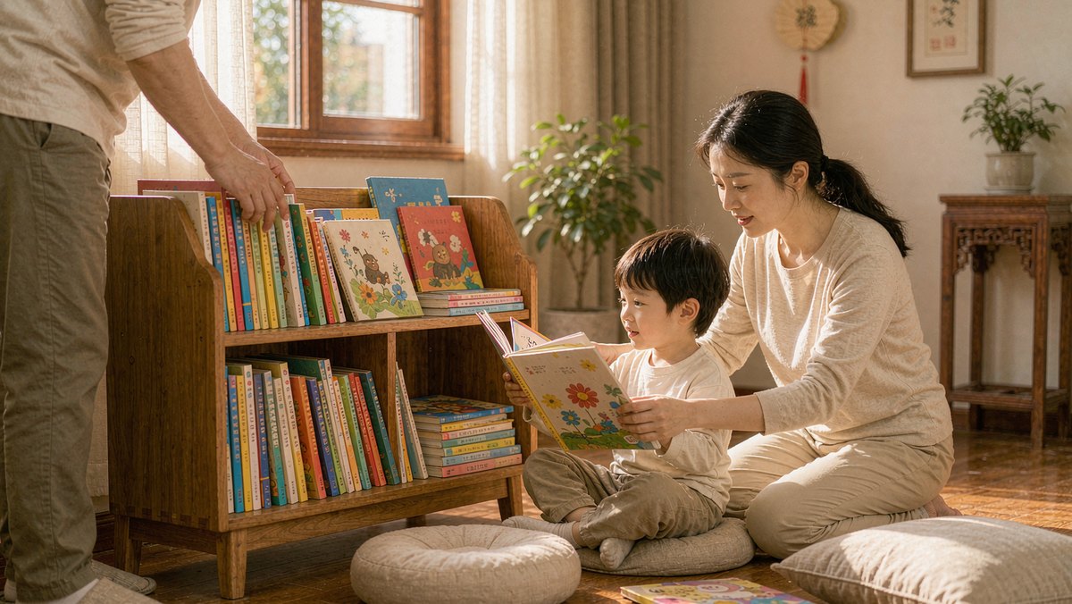 书架上摆满绘本的温馨阅读角