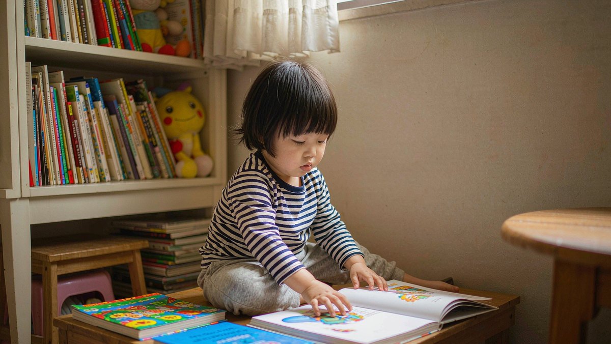 孩子在阅读角自己翻书平复情绪