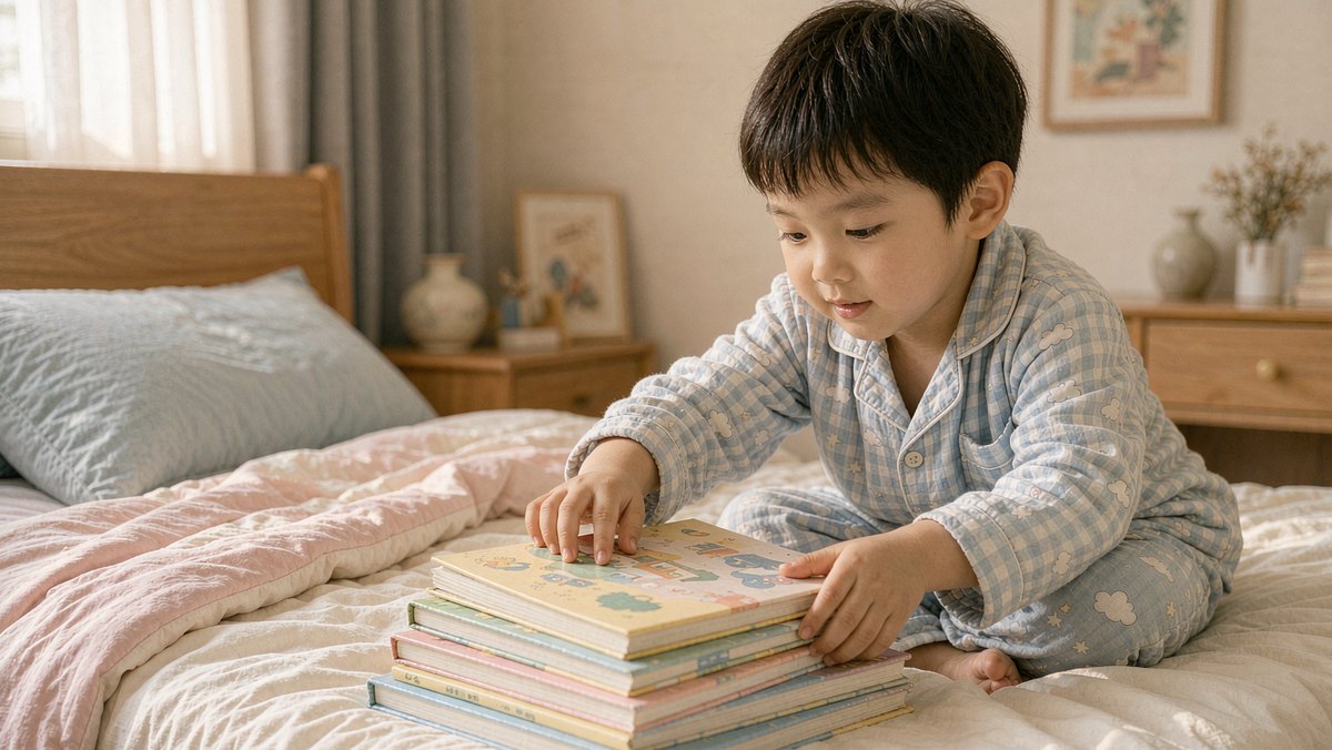 孩子自己挑选床头绘本的画面