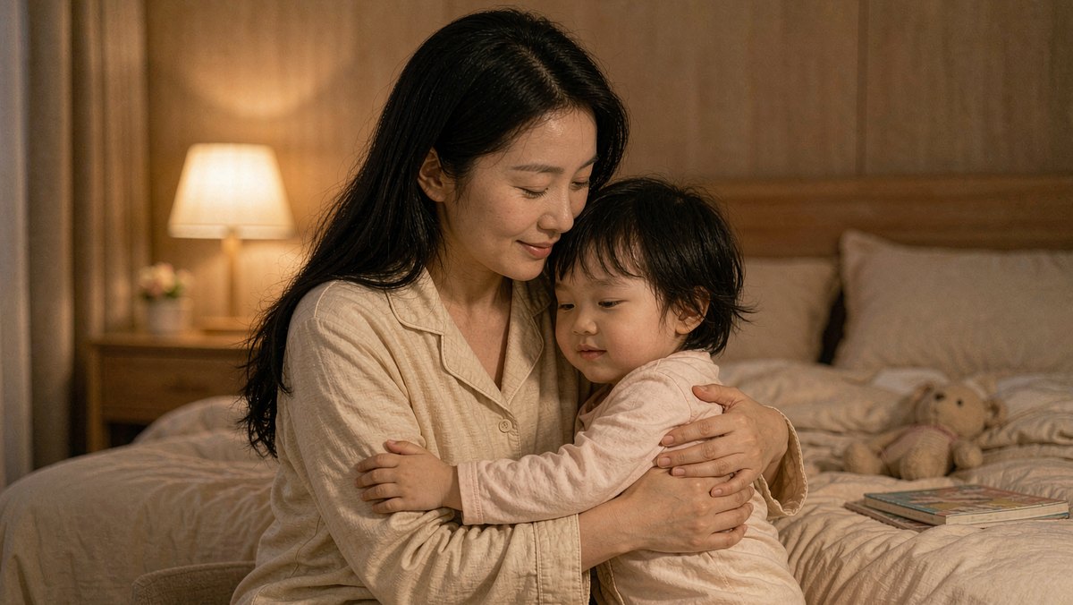 孩子抱着妈妈撒娇的睡前时刻
