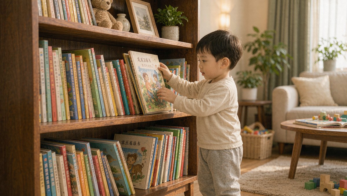 书架一角摆着各种题材的绘本，孩子伸手去拿
