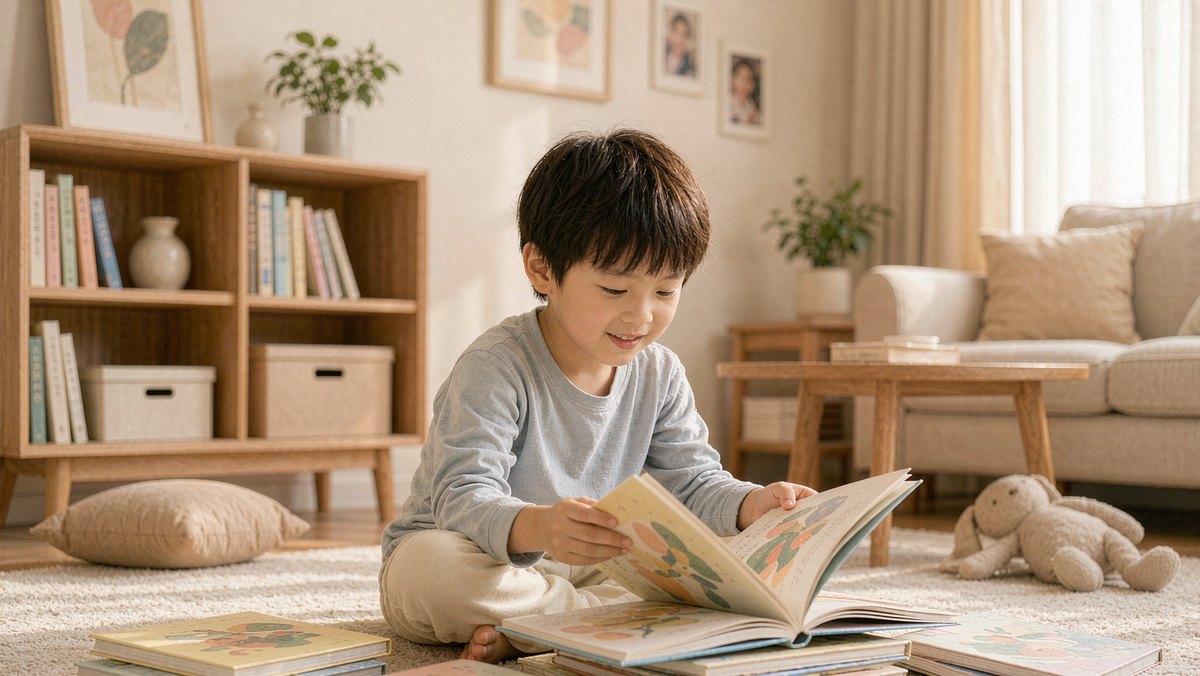 书架前孩子翻看借回来的绘本