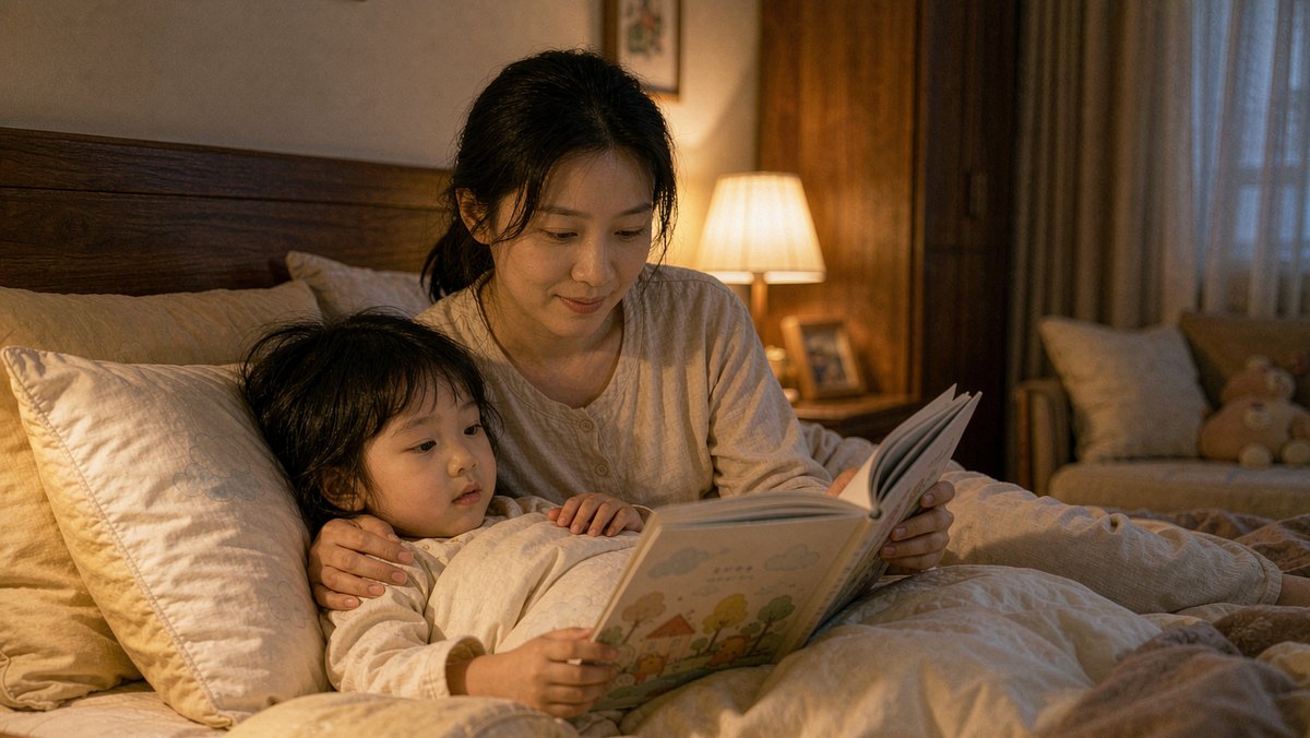 妈妈在床边给孩子读绘本,被子盖到胸口