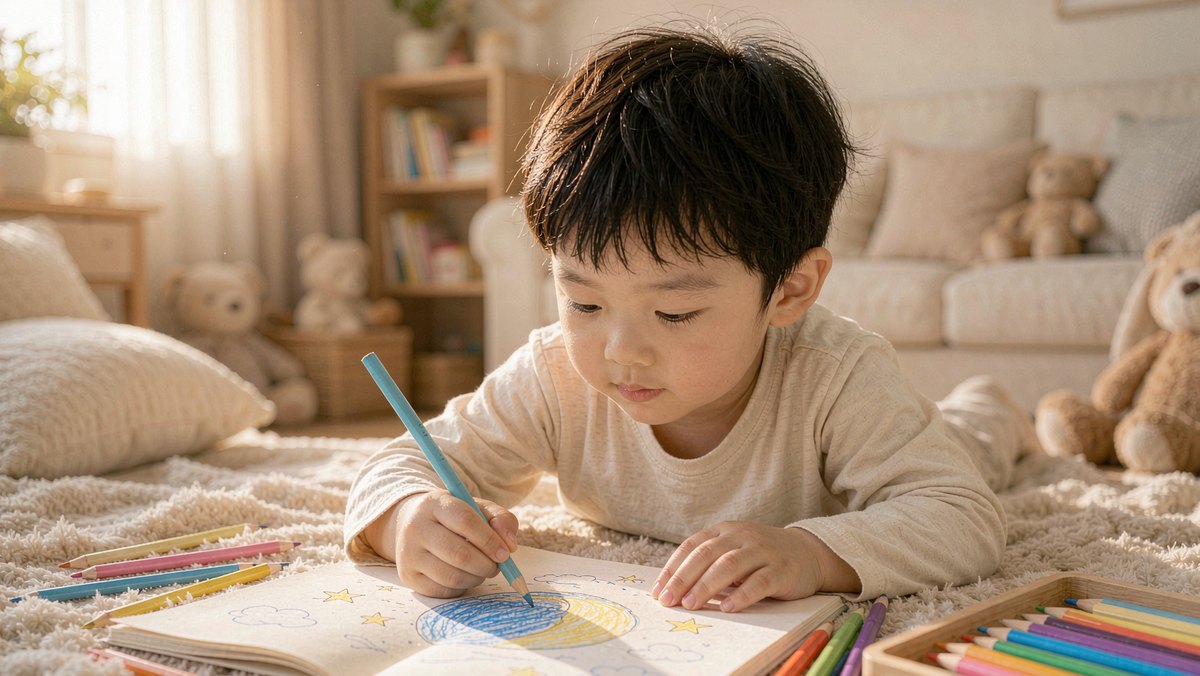 孩子在绘本上画月亮,桌边放着彩色铅笔