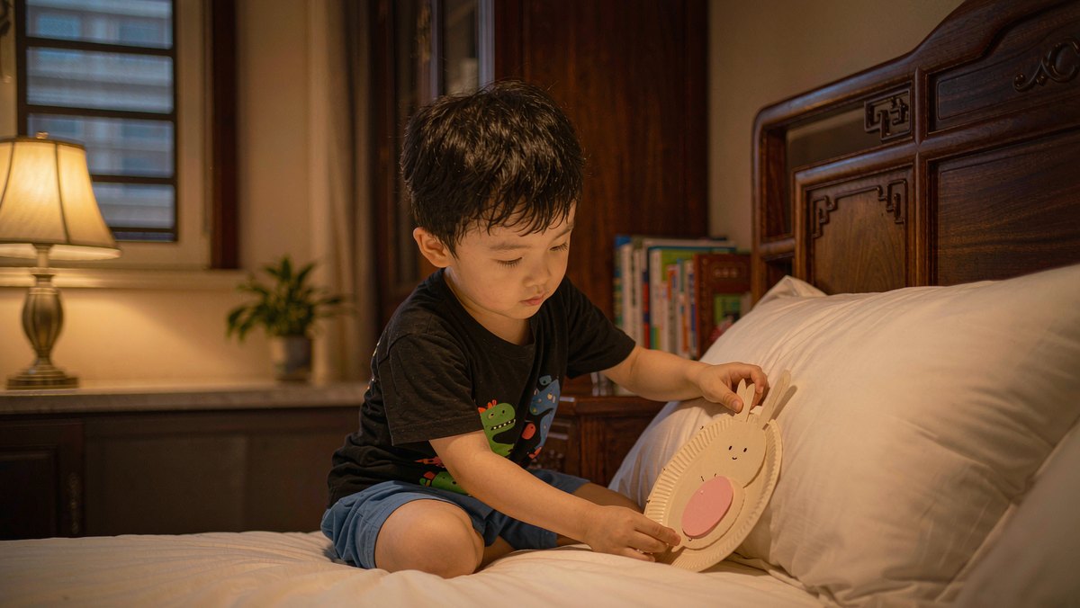 孩子把纸盘做的兔子放在枕头边准备睡觉