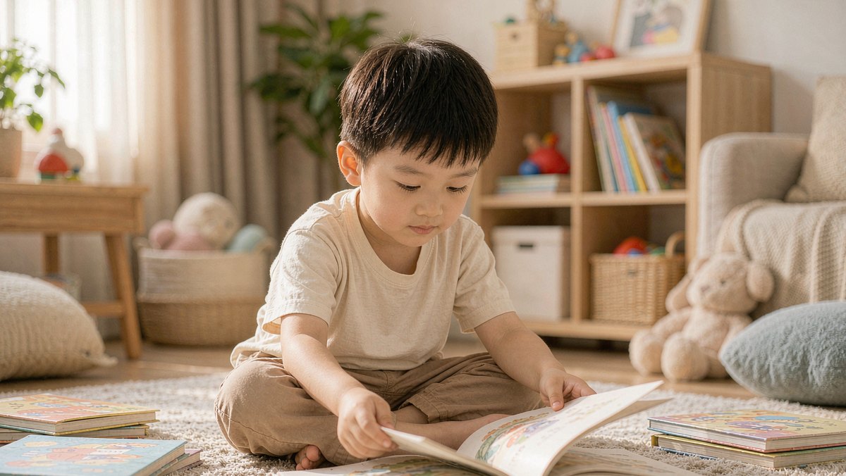 孩子独自坐在地毯上翻看绘本的一页