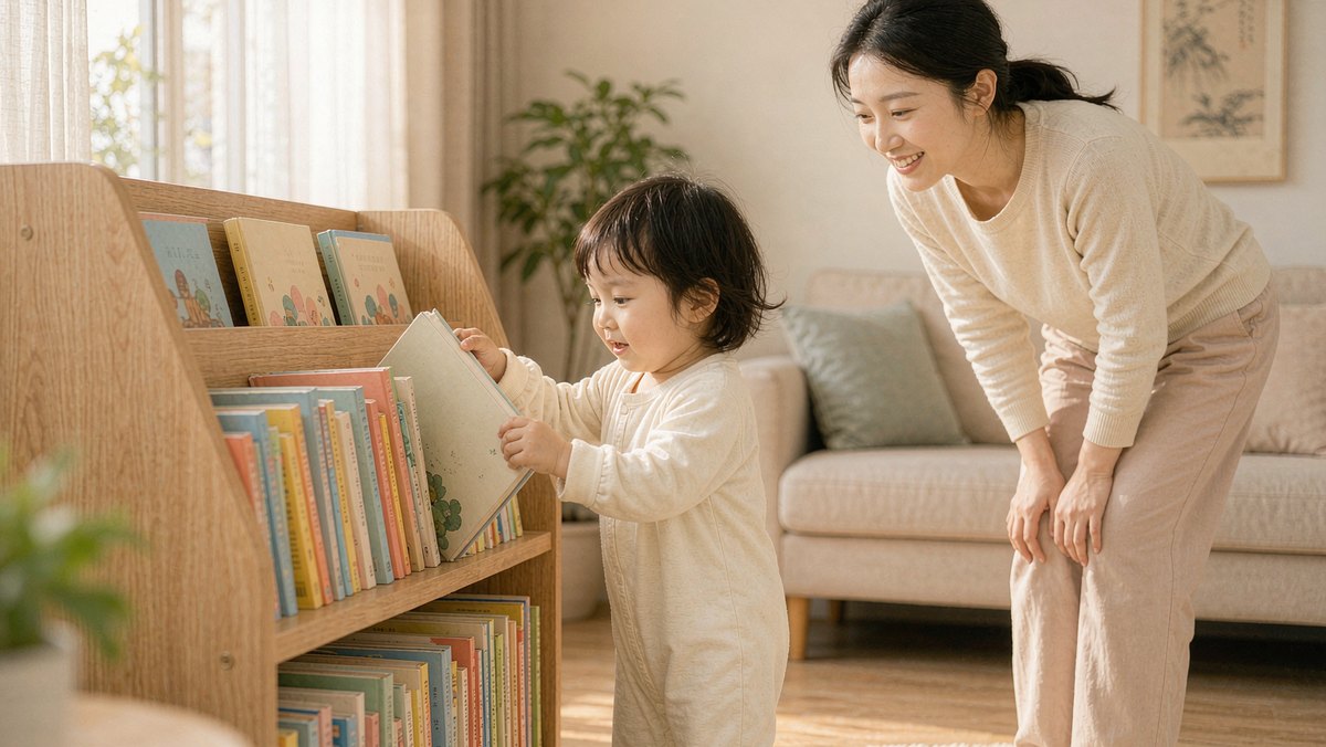 低矮书架前孩子自己抽出一本英文绘本，妈妈在旁边微笑