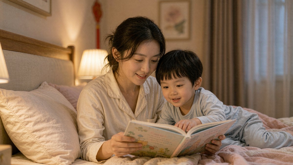 妈妈靠在床头翻一本新书，小男孩凑过来好奇地看着
