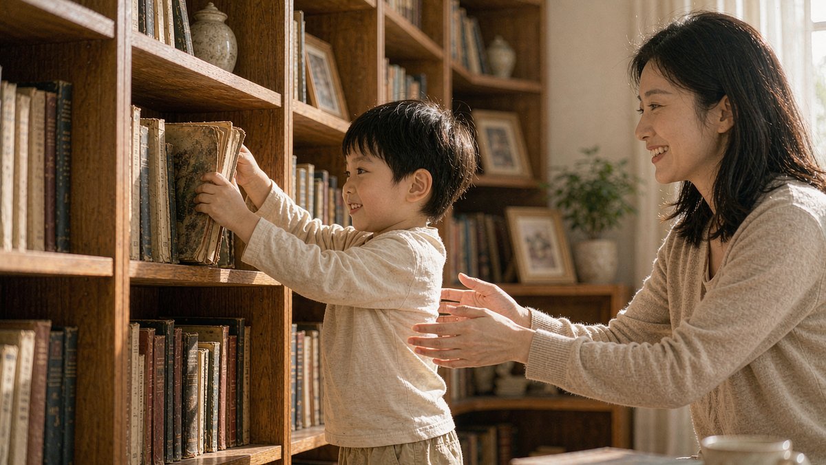 小男孩从书架深处抽出一本落灰的绘本，递给妈妈