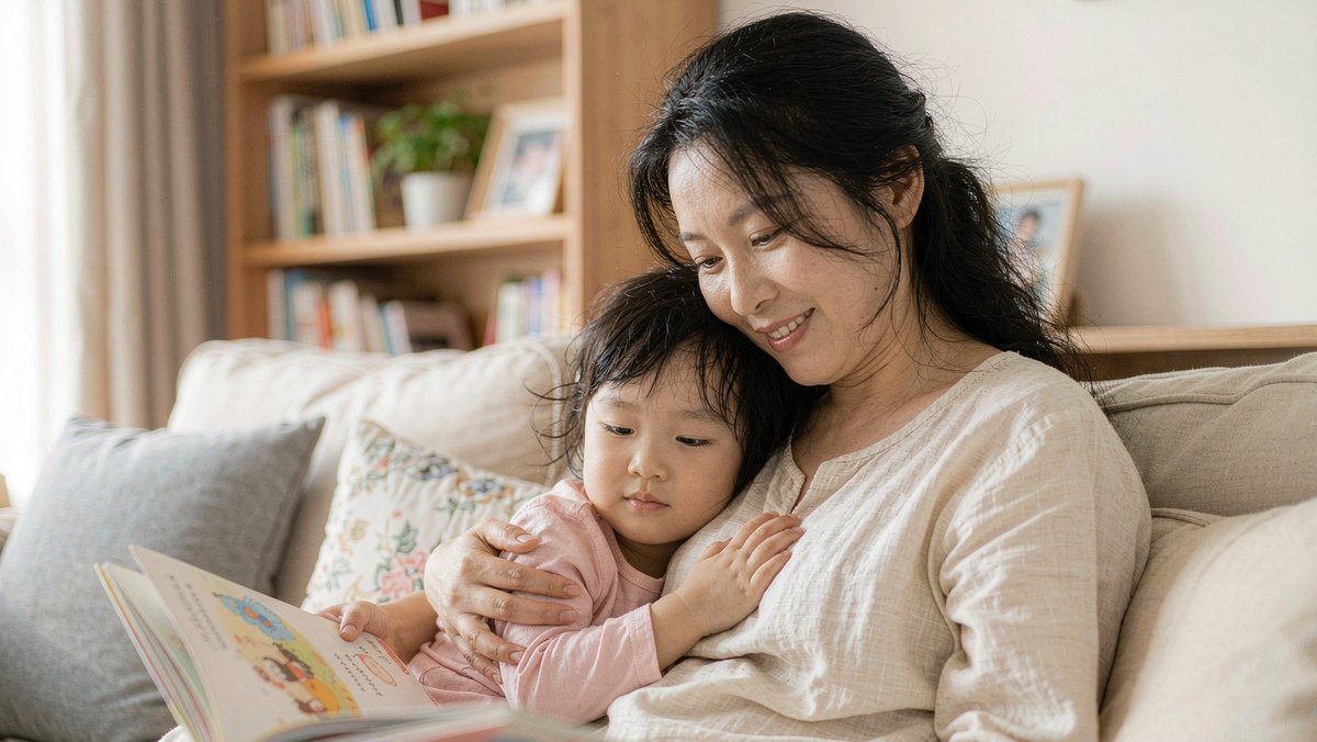 母子依偎在一起读绘本的温馨画面