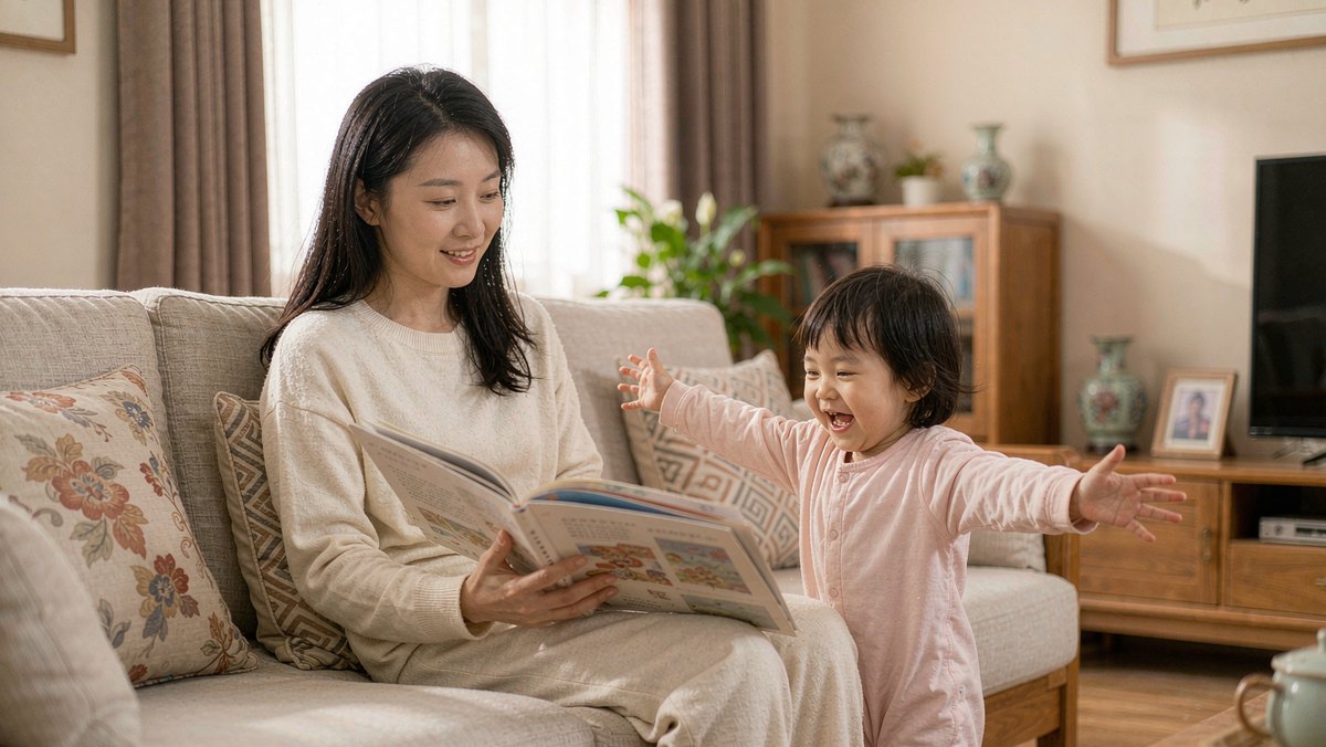 妈妈和孩子在沙发上共读绘本,孩子张开双手模仿故事里的角色