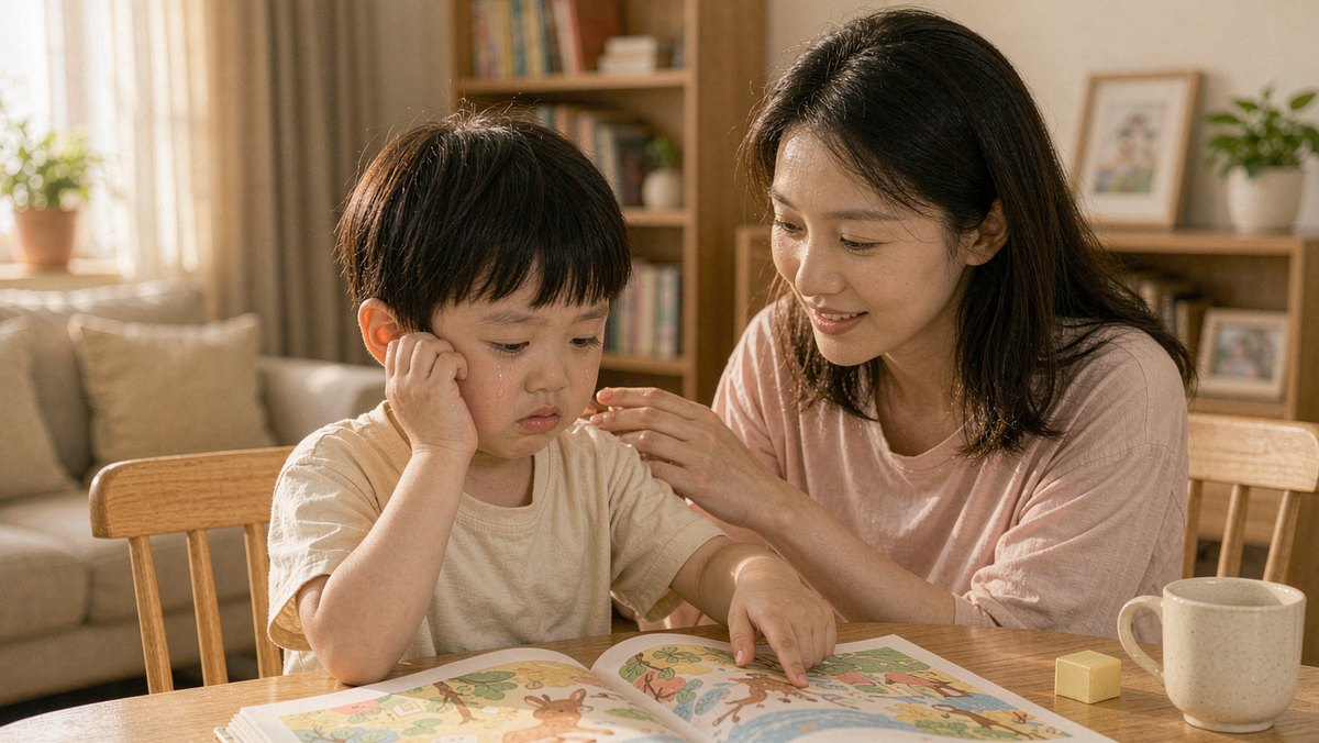 孩子抹着眼泪指着绘本里的角色，妈妈在旁边轻声回应