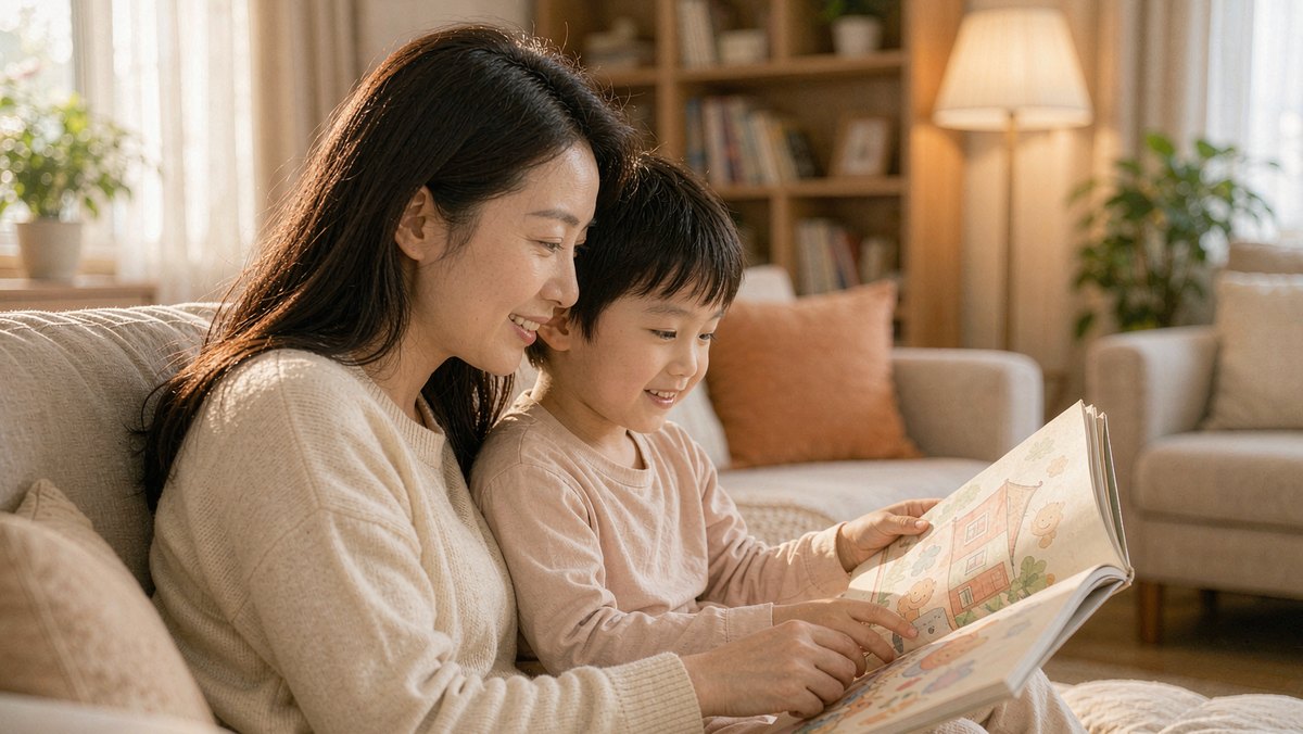 亲子并排坐着,一起看着绘本里温馨的结局画面