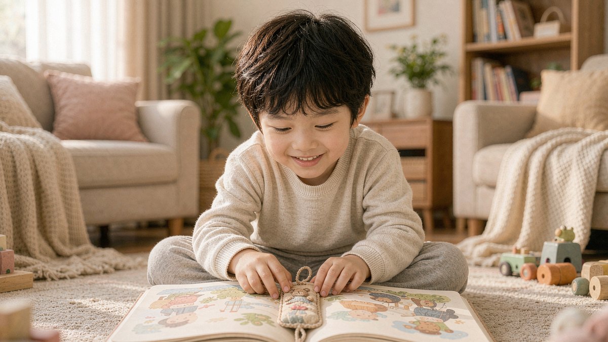 书里夹着可爱书签,孩子翻到熟悉的一页笑起来