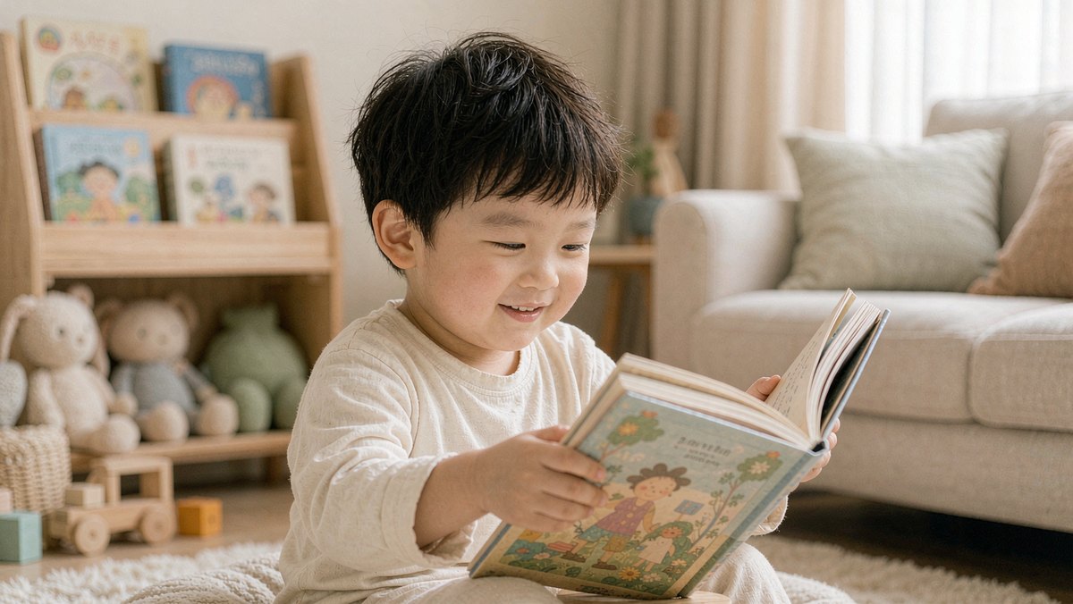 孩子满足地合上自己编完结局的绘本