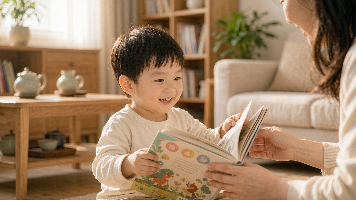 孩子开心地自己翻着绘本等妈妈读