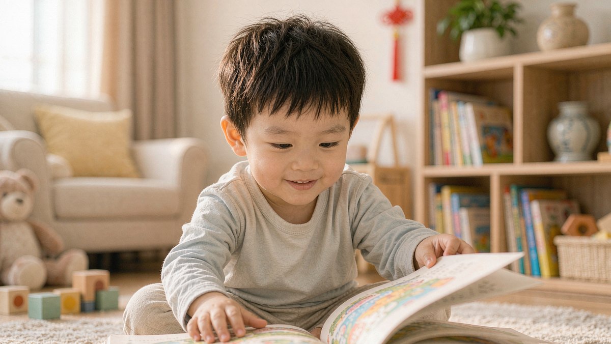 孩子自己翻着绘本露出满足的笑容