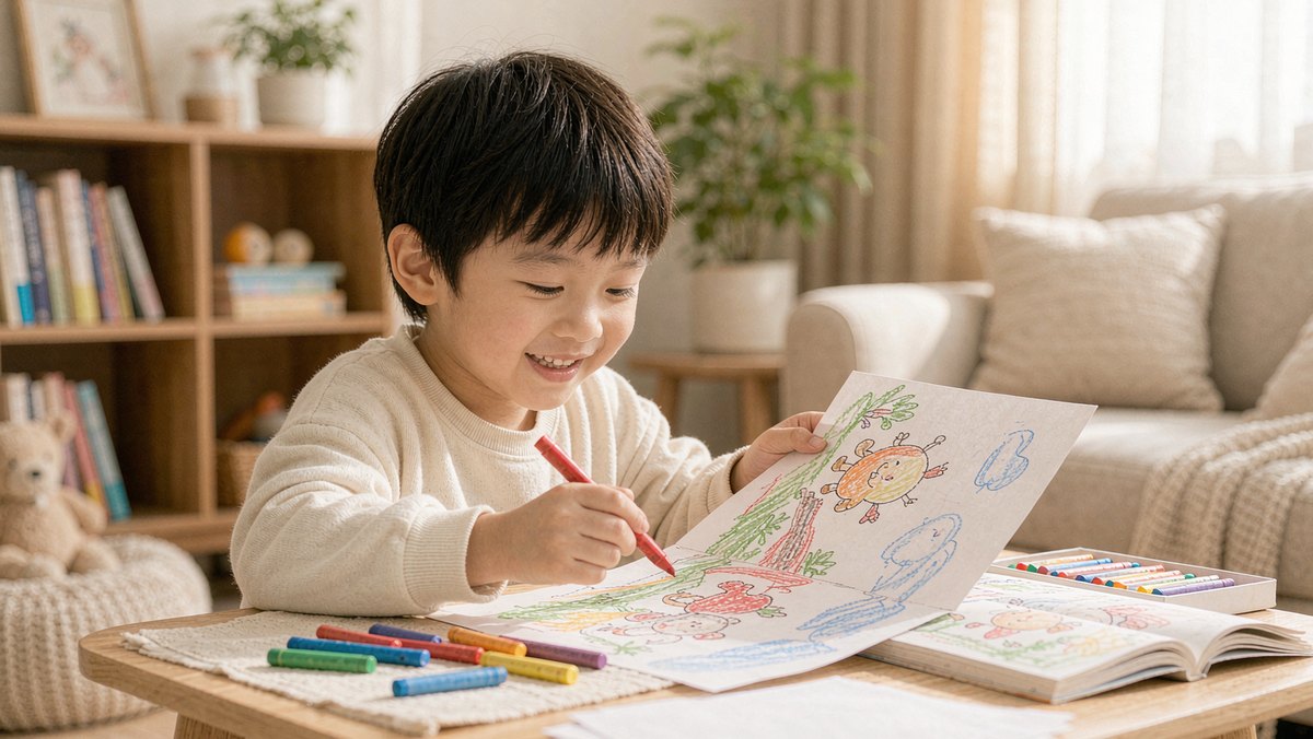 孩子用蜡笔给无字书故事续画一页