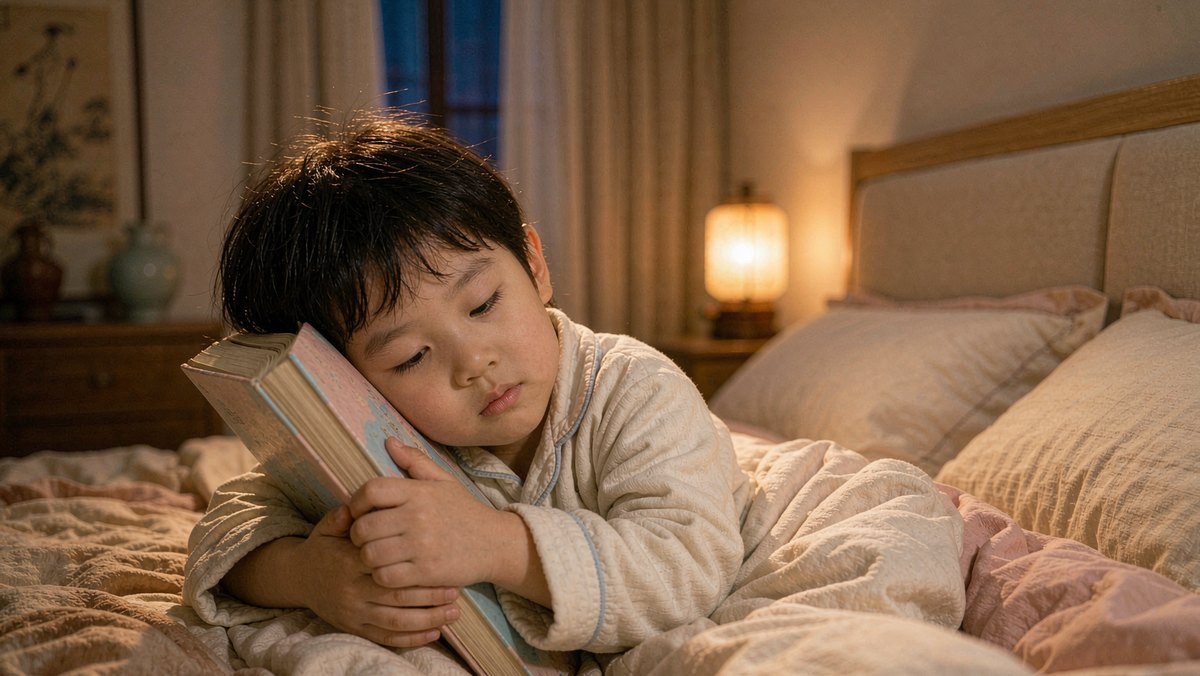 孩子抱着柔软绘本在床头准备入睡
