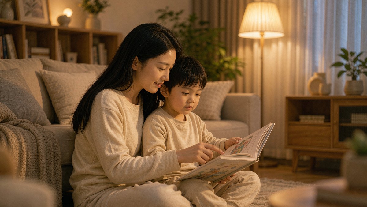 亲子在灯下安静翻看绘本的温馨画面