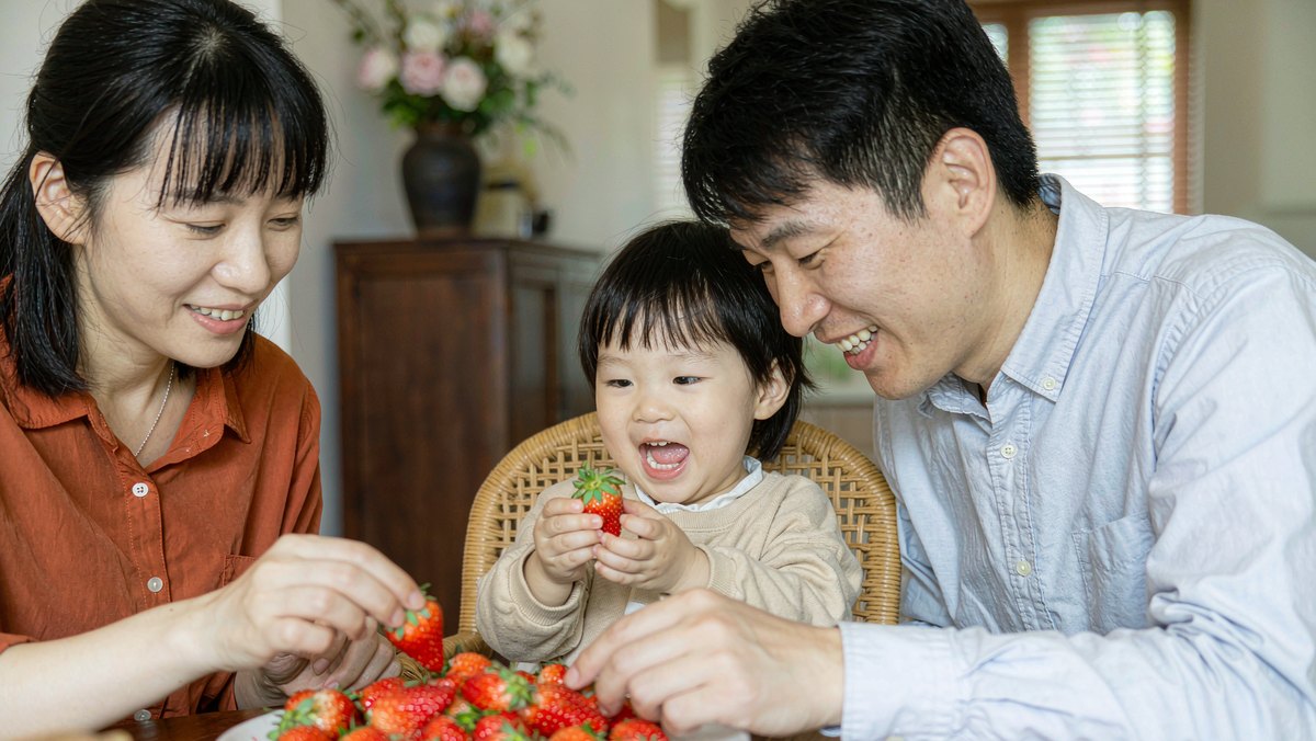 孩子和爸妈在餐桌前分享一盘绘本里出现过的草莓