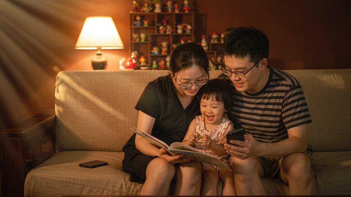 夜晚一家三口放下手机在灯下共读