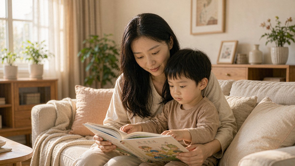 清晨妈妈和孩子在沙发上一起翻看绘本