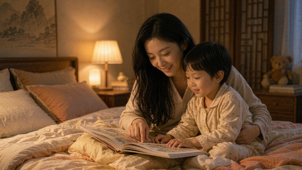 睡前母子俩并排坐着看绘本
